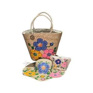Floral Hand Painted Beach Bag with Matching Hat & Makeup Bag!